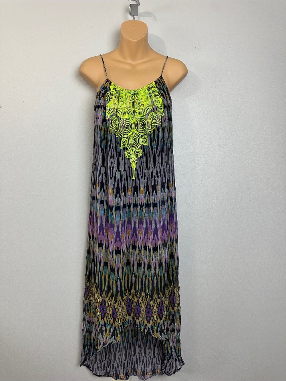 Twelfth Street Cynthia Vincent Silk Neon Embroidered High Low Maxi Dress P